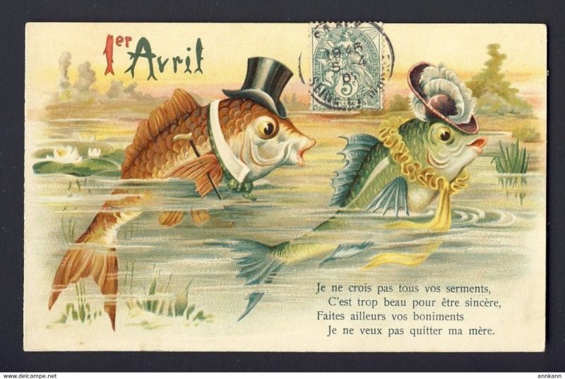 Humanized fish man top hat, woman fancy hat, lily pad 1907 - April Fools