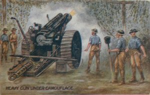 Heavy gun under camouflage early military postcard