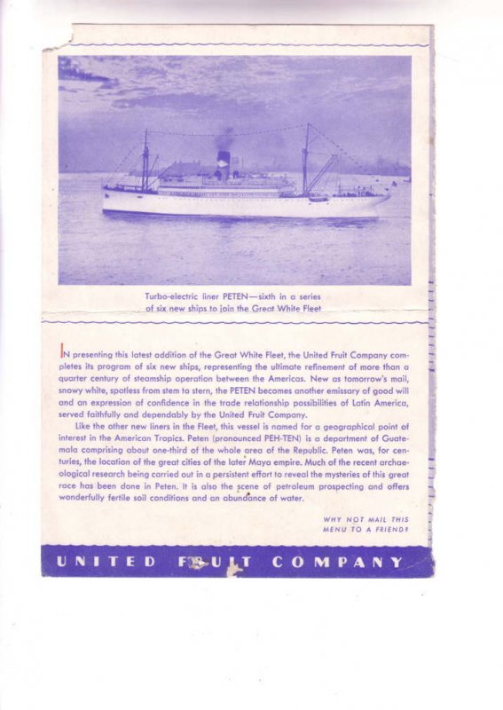 TSS Peten Cruise Ship Menu, White Fleet, At Sea, August 3, 1934,