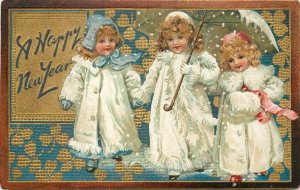 Tuck New Year Postcard 136 Children 3 Girls in White w/ Umbrella & Muff, Posted