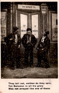 Three inebriated men standing in front of a liquor store - in 1907