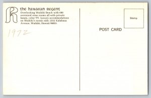 Postcard Regent Overlooking Waikiki Beach Hawaii w Interior