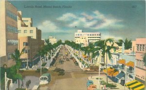 Miami Beach FL Lincoln Road 1955 Linen Postcard  Old Car, Bus, Red Cross Cancel