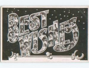 1906 rppc BEST WISHES - LOTS OF FEMALE FACES IN THE BIG LETTERS o2175