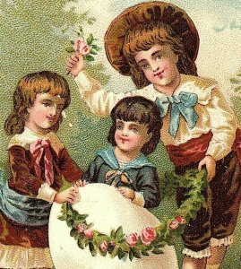 Lot Of 2 1880's Victorian Easter Cards Children Giant Egg Flower Garland P156