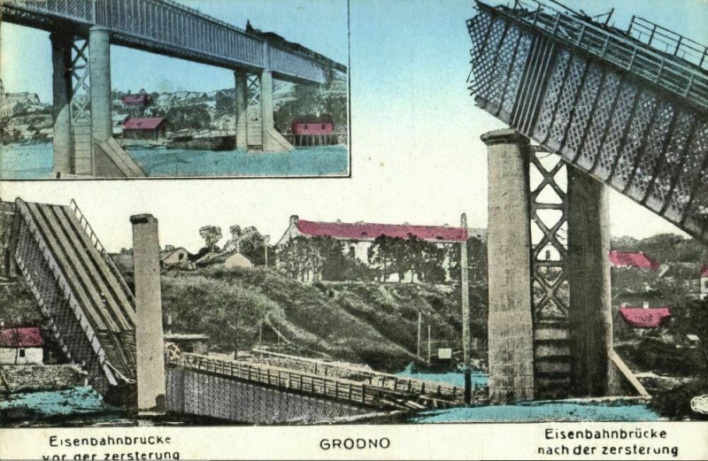 belarus russia, GRODNO HRODNA, Railway Bridge before & after Destruction (1910s)