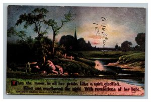 Vintage 1910's Religious Postcard Church in the Country River Nice Poem