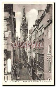 Old Postcard Saint Malo La Grande Rue and the bell tower of the Cathedral