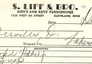 1938 S. LIFF & BRO CLEVELAND OHIO MENS & BOYS FURNISHINGS BILLHEAD INVOICE Z1001