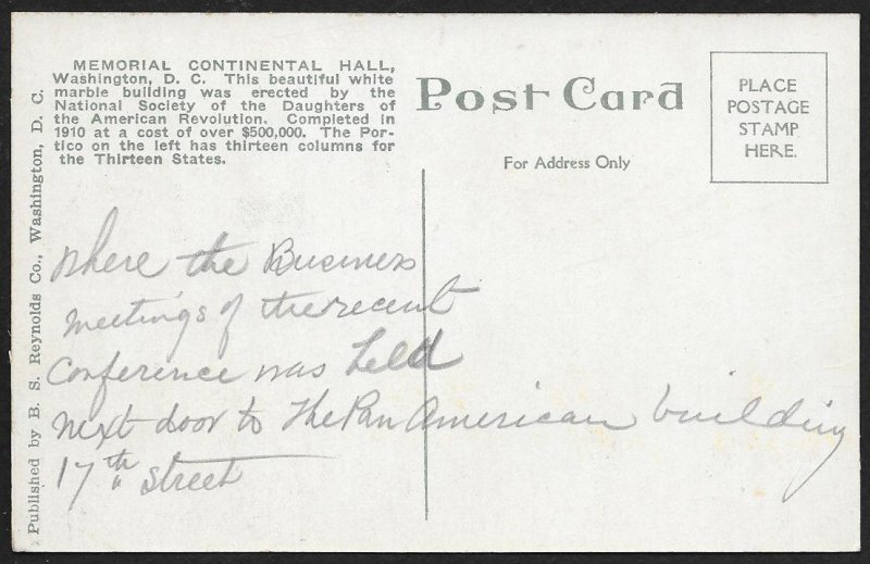 Memorial Continental Hall Washington DC Used c1910s