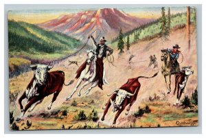 Vintage 1938 Western Motif Postcard Cowboys Rope Wild Cattle L.H. Larsen