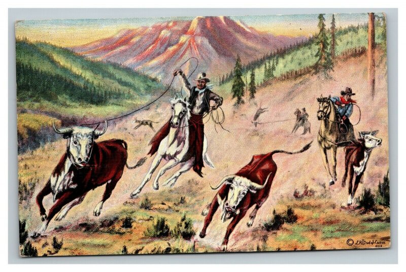 Vintage 1938 Western Motif Postcard Cowboys Rope Wild Cattle L.H. Larsen