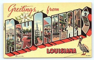 NEW ORLEANS, LA Louisiana~ Large Letter Linen Pelican c1930s Curt Teich Postcard