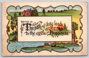 Greetings~Home River & Path of Duty Castle of Happiness~Vintage Postcard