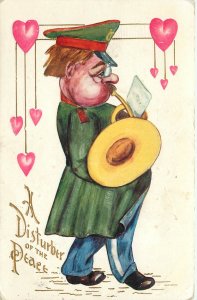 Embossed Vinegar Valentine Postcard Man Plays French Horn Disturber Of The Peace