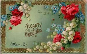 Hearty Greetings Vintage Embossed Gold Detail Postcard PC364