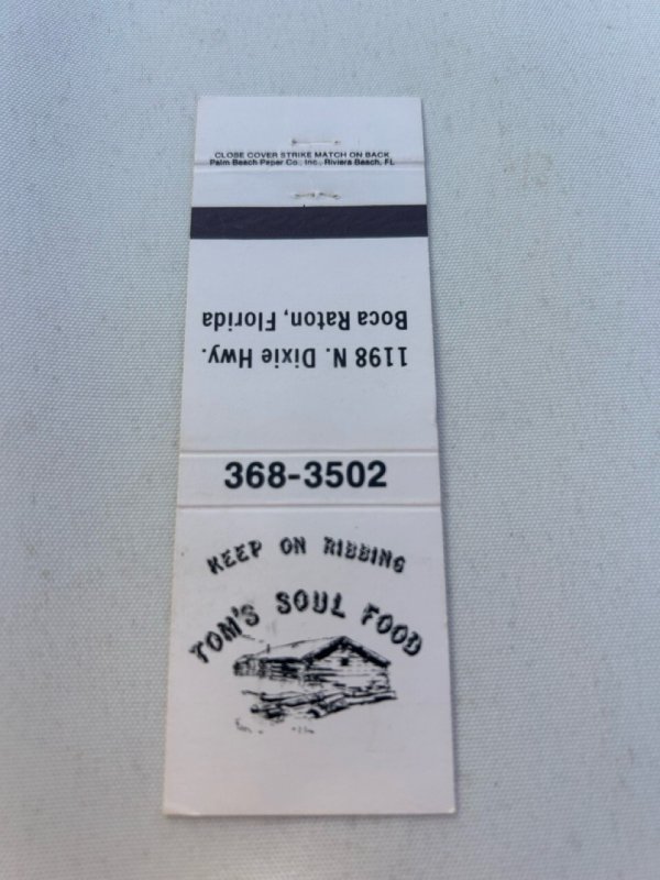 Vintage Matchbook Cover Tom's Soul Food Boca Raton, Florida MB96