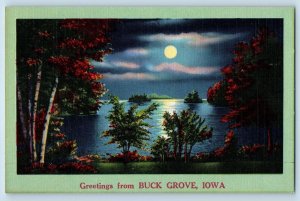 Buckgrove Iowa IA Postcard Greetings Moonlight Lake And Trees c1940's Vintage