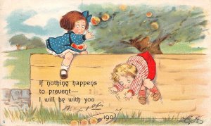 Greetings Children Picking Apples  Private Mail Vintage Postcard AA83119