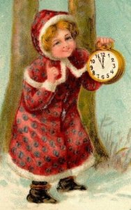 Vintage 1913 New Year's Postcard German Girl with Large Clock Gold Bell Birds