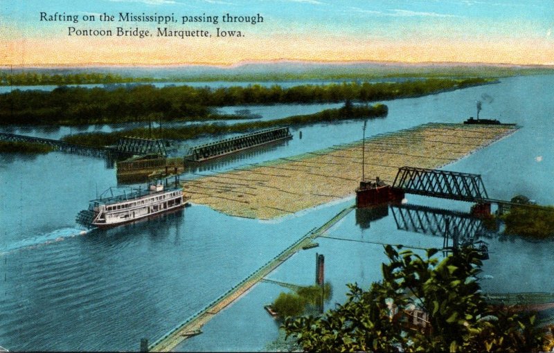 Iowa Marquette Rafting On The Mississippi Passing Through Pontoon Bridge Curt...