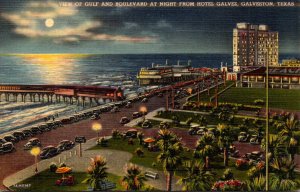 Texas Galveston View Of Gulf and Boulevard At Night From Hotel Galvez Curteich