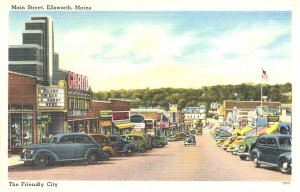 Ellsworth ME Main Street Grand Theatre Storefronts, Linen Postcard