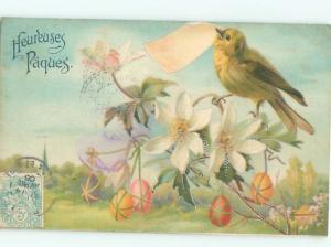 foreign 1906 Postcard CHICK WITH EASTER EGGS AND FLOWERS AC3873