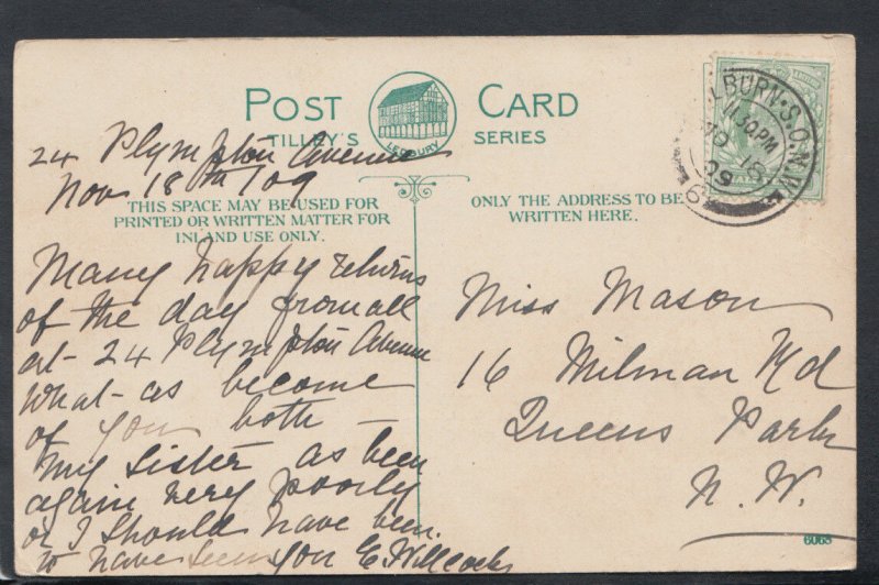 Family History Postcard - Mason - 16 Milman Road, Queens Park, London RF2250