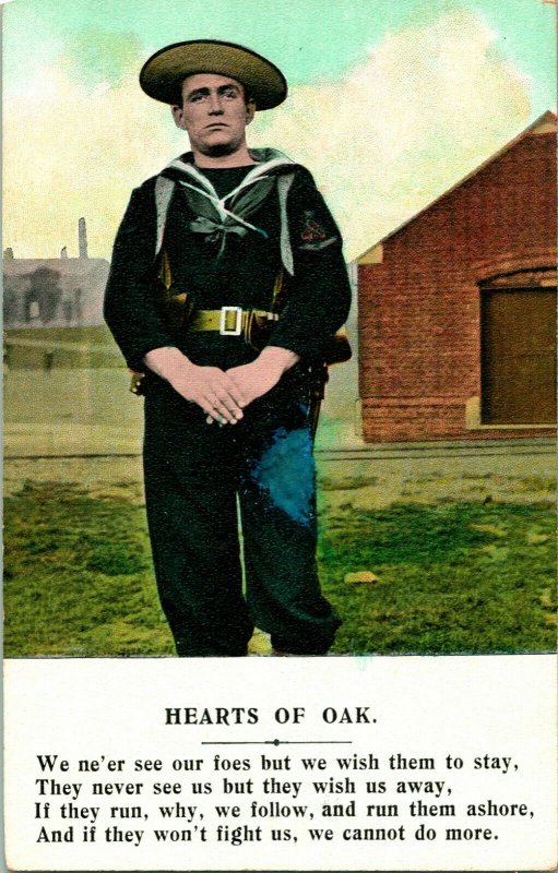 Vtg Postcard 1910s UK Royal Navy Hearts of Oak Poem and Sailor Postcard UNP