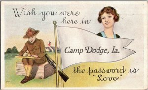 Camp Dodge, Iowa Greeting Woman Soldier WRITING LOVE ROMANCE WWI Postcard JH8