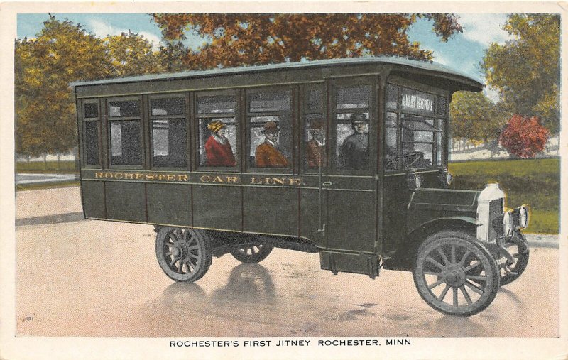 G58/ Rochester Minnesota Postcard c1910 First Jitney Car line Bus