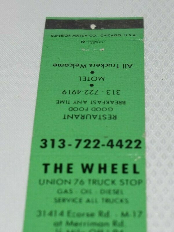 The Wheel Union 76 Truck Stop Romulus Michigan 20 Strike Matchbook Cover