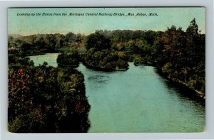 Ann Arbor MI-Michigan, Looking Up Huron, Railway Bridge, Vintage c1910 Postcard