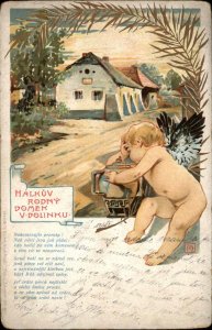 Hungary Halkuv Folk Tale Cherub Angel with Antique Teapot c1910 Vintage Postcard