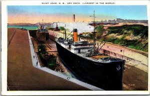 Vtg Ships in Dry Dock Saint John New Brunswick NB Canada 1930s Linen Postcard