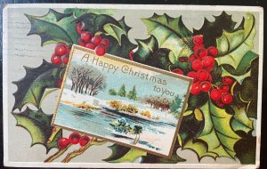 Vintage Victorian Postcard 1910 A Happy Christmas to You - Holly & Winter Scene