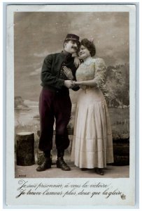 France Postcard RPPC Photo Soldier Couple Romance Studio c1910's Antique Posted