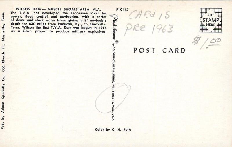 Muscle Shoals Alabama~Wilson Dam Panorama~Autumn Tree~1950s Postcard