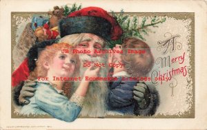 Christmas, Winsch 1914 No 3960-2, Red Robe Santa Carrying Toys with Children