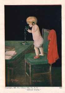Vintage Postcard Baby Answering The Telephone On Top Of Chair Hello Papa 