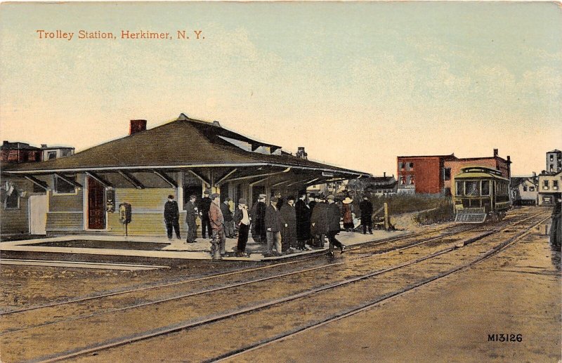 J44/ Herkimer New York Postcard c1910 Trolley Interurban Depot Station