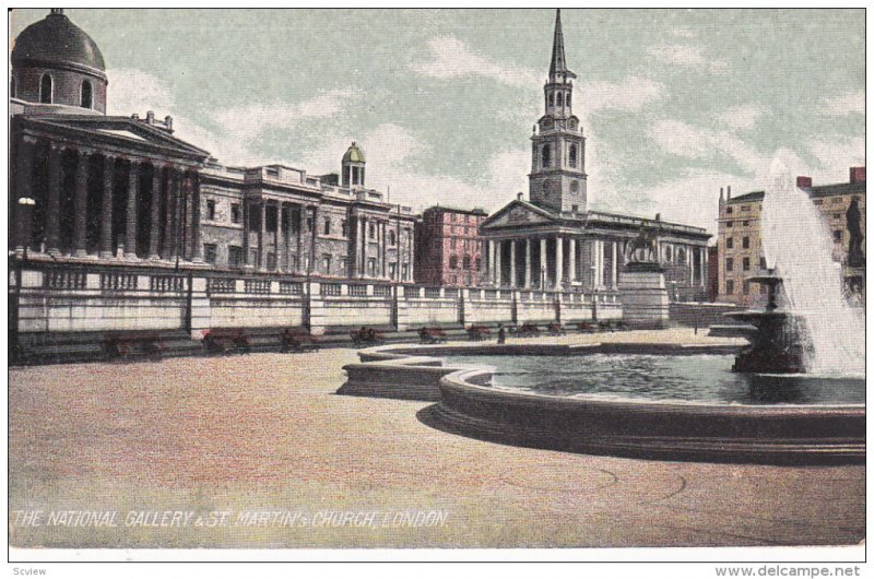 The National Gallery & St. Martin's Church, Waterfountain, LONDON, England, U...