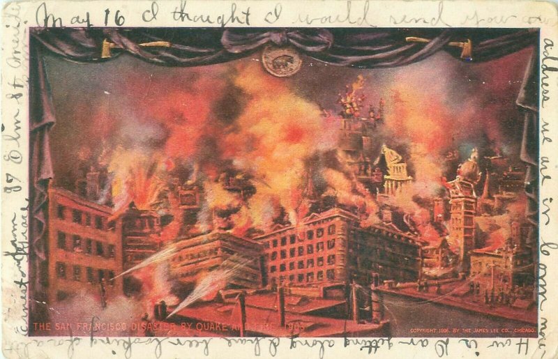 San Francisco CA Earthquake Disaster Building in Flames,1907 Postcard