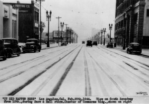 RPPC Snow in Downtown Los Angeles 1944 Street View South Broadway Real Photo UNP