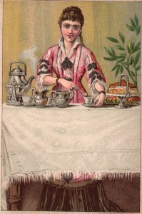 1880s-90s Woman in Formal Dress Serving Tea Trade Card