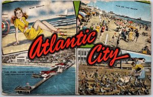 Atlantic City NJ, 1944 Multi View Miss Behave, Beach, Pigeons, & Pier, Postcard