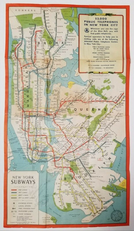 New York Subway Map Given to 1940s Military Recruits from NY Telephone Company