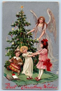 Christmas Postcard Angel Children Playing Christmas Tree Decorated Candle Lights