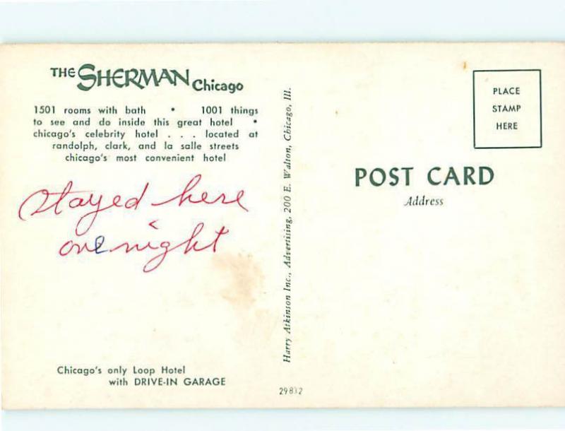 Vintage Post Card Sherman Hotel 1501 Rms Loop Hotel Restaura Chicago ILL # 4747